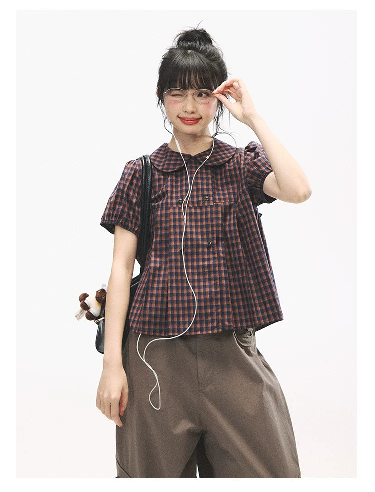 "Retro Plaid Sweetheart" Navy Orange Check Cotton Peter Pan Collar Blouse