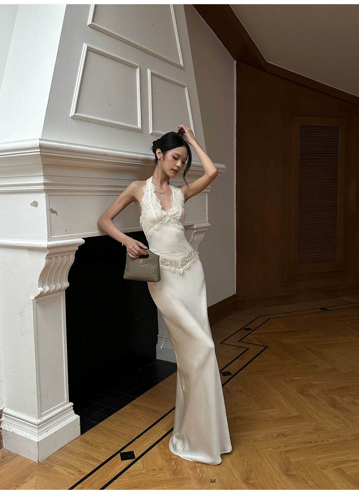 VENUIE - Champagne Satin Lace-Trim Halter Mermaid Maxi Dress