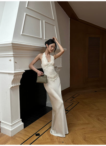 VENUIE - Champagne Satin Lace-Trim Halter Mermaid Maxi Dress