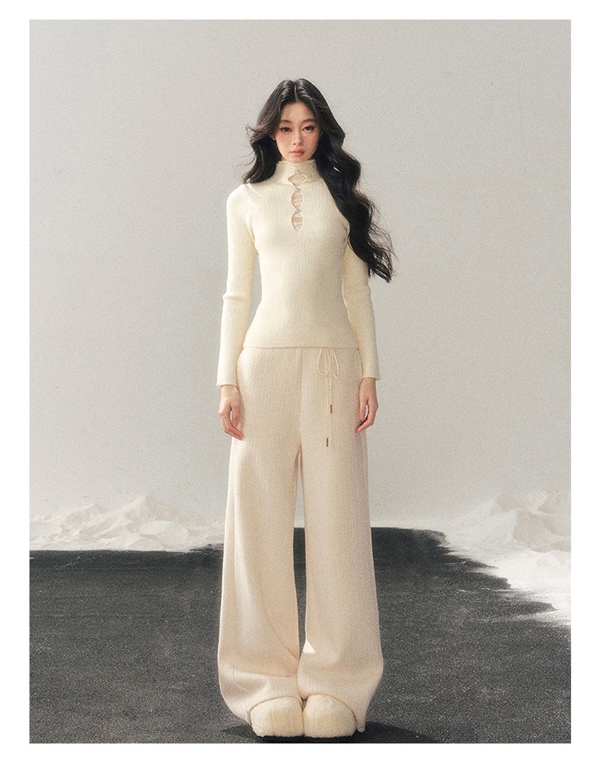 040126 "Lacewoven Dream" Mock Neck Layered Lace Knit Top - Oat Beige