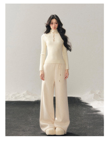 040126 "Lacewoven Dream" Mock Neck Layered Lace Knit Top - Oat Beige