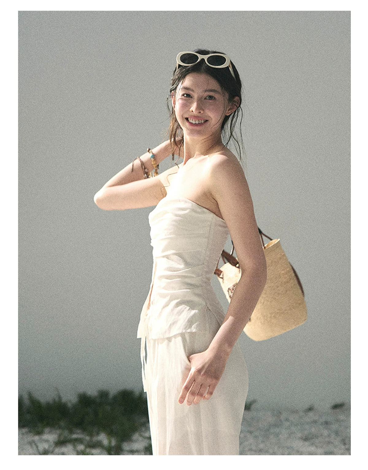 “Breath Across the Shoulders” Natural Beige Layered Bustier Top & Wide-Leg Trousers