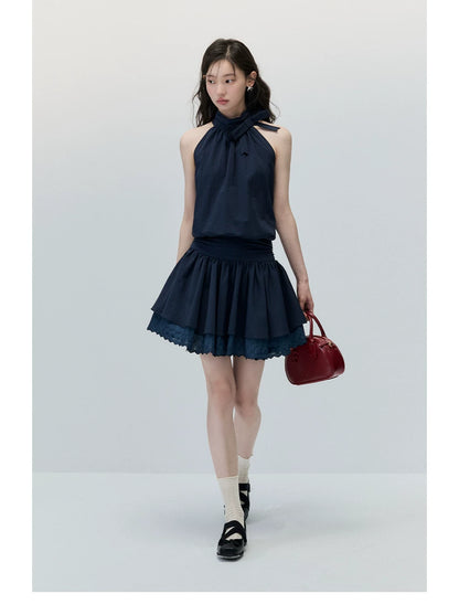 Navy Blue Bow-Tie Halter Dress with Double-Layer Lace Hem