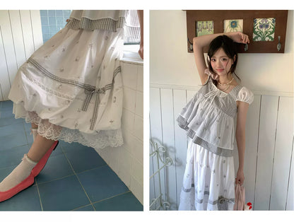 “Misty Isle White Tea” Grey White Polka Dot Skirt Set