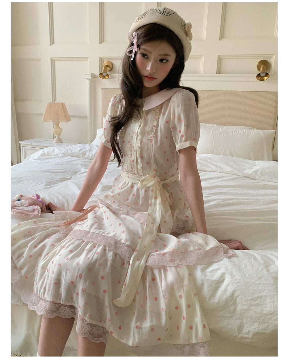 “Peach Mist Daydream” Ivory Polka Floral Cake Dress