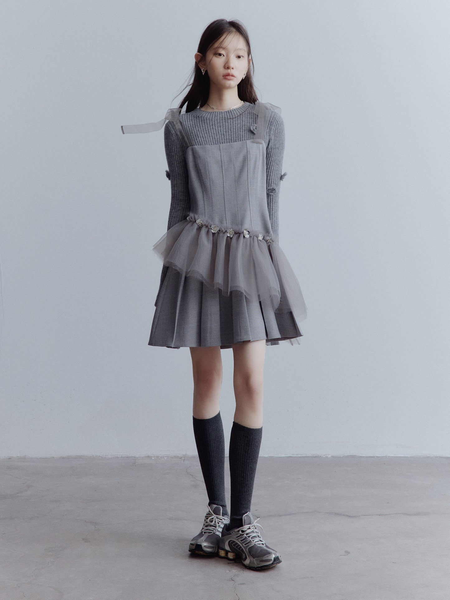 FUSSED Moonlight Elf Beaded Tulle Dress – Storm Gray FOF-25AW204