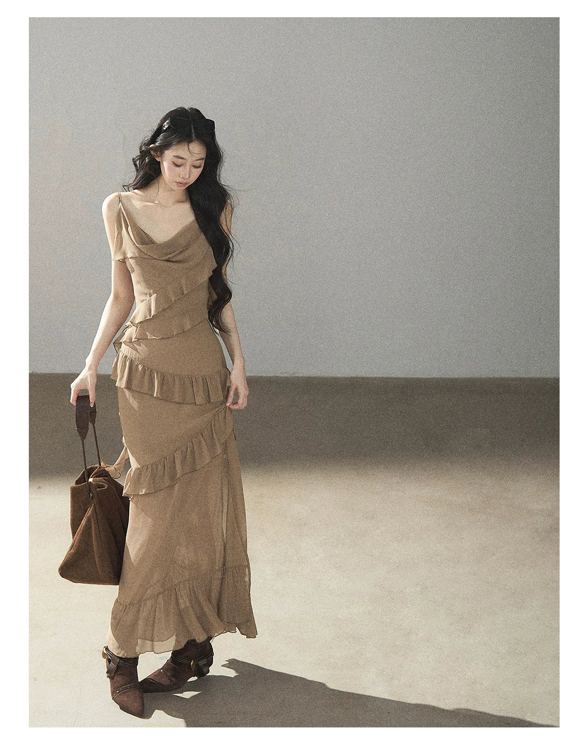 AOMALM - Cinnamon Gray-Brown Ruffle Chiffon Maxi Dress