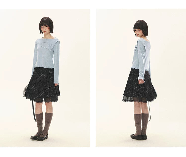 "Polka Reverie" Black Polka Dot Bow Pleated Mini Skirt