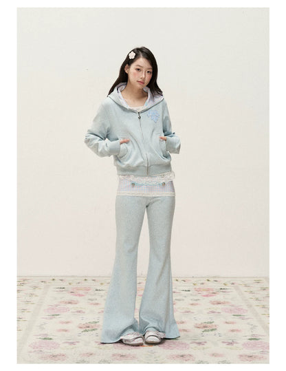 [RF] Soft Gingham Color-Block Hoodie and Flare Pants Set (Blue / Mauve)