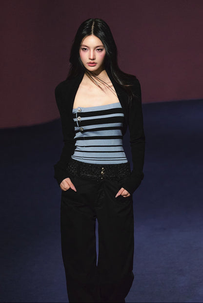Vintage Stripe Contrast Knit Cami & Cropped Cardigan Set (Light Gray/ Black Blue)