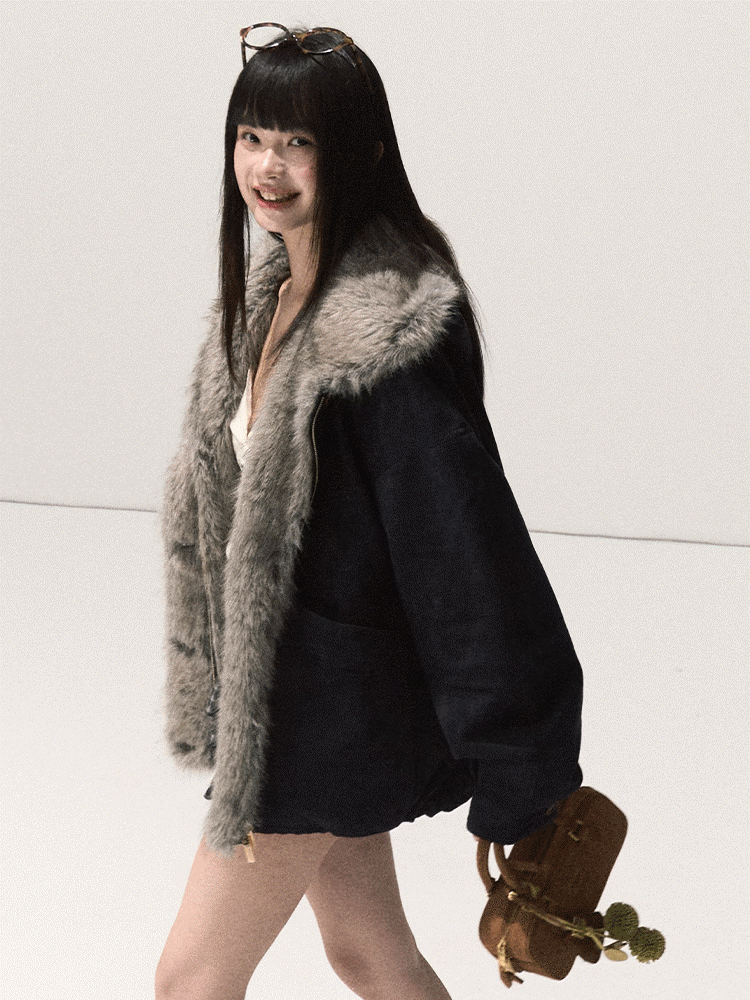 OAKMOO/ Agate Blue Faux Suede Hooded Jacket with Ombre Faux Fur