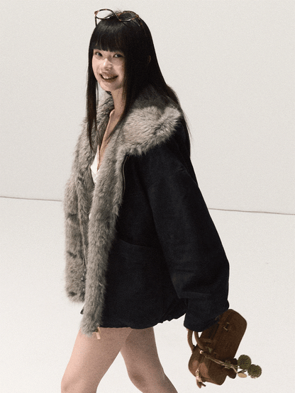 OAKMOO/ Agate Blue Faux Suede Hooded Jacket with Ombre Faux Fur