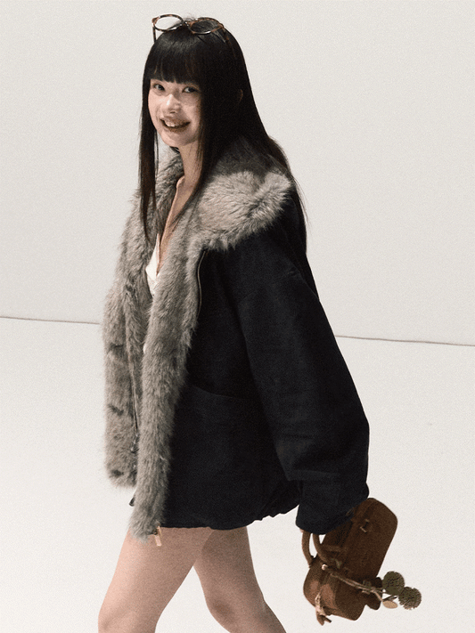 OAKMOO/ Agate Blue Faux Suede Hooded Jacket with Ombre Faux Fur