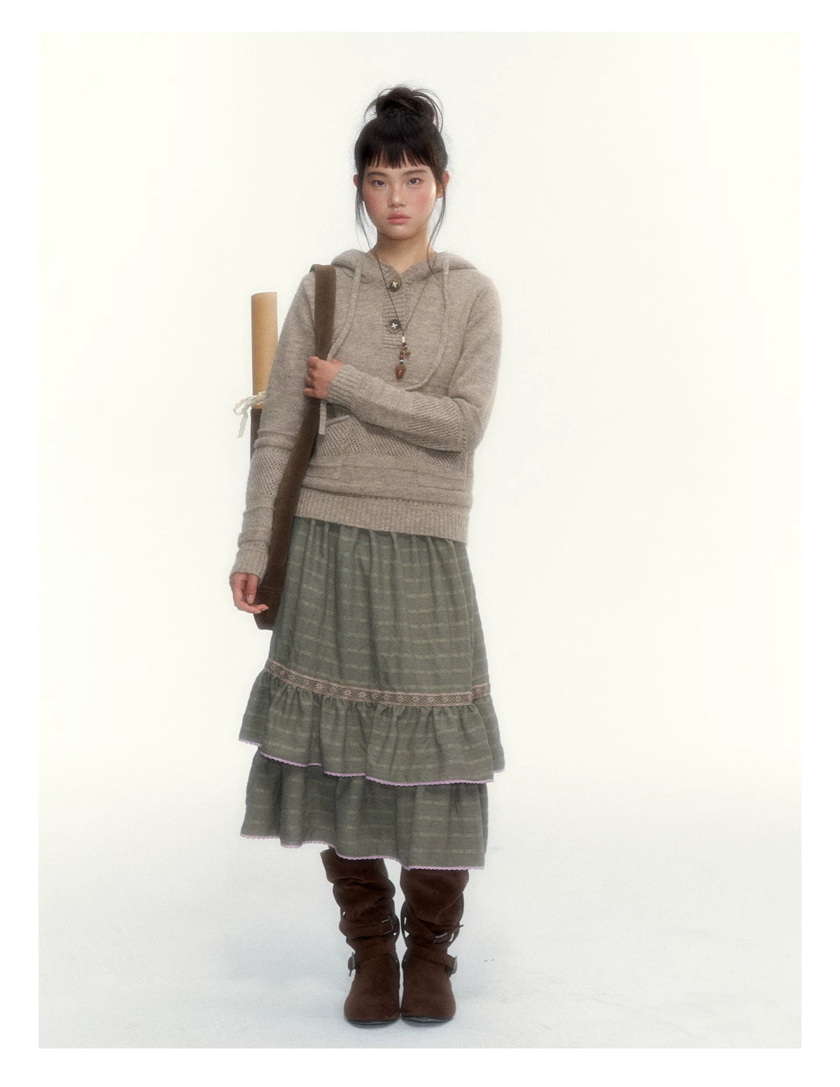 Dried Grass Green Vintage Lace Tiered A-Line Skirt