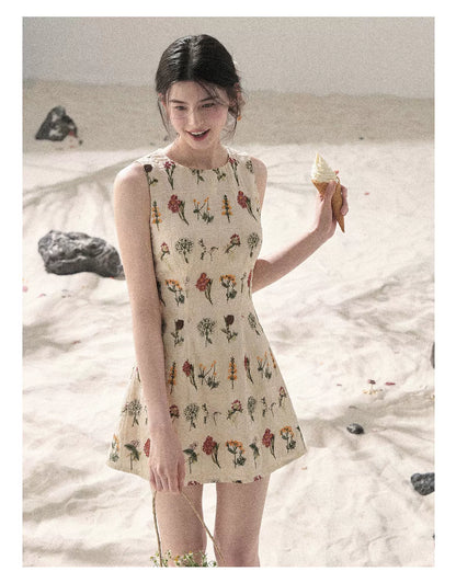 "Wildflower Daydream" Dutch Cream Embroidered Mini Dress - Sleeveless 45684
