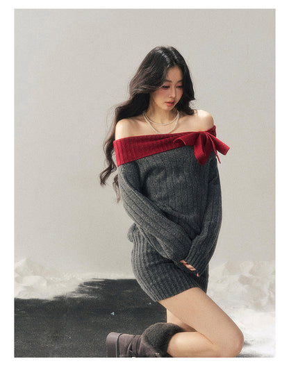 少也眼 "Snowbound Memories" Off-Shoulder Color-Block Knit Mini Dress