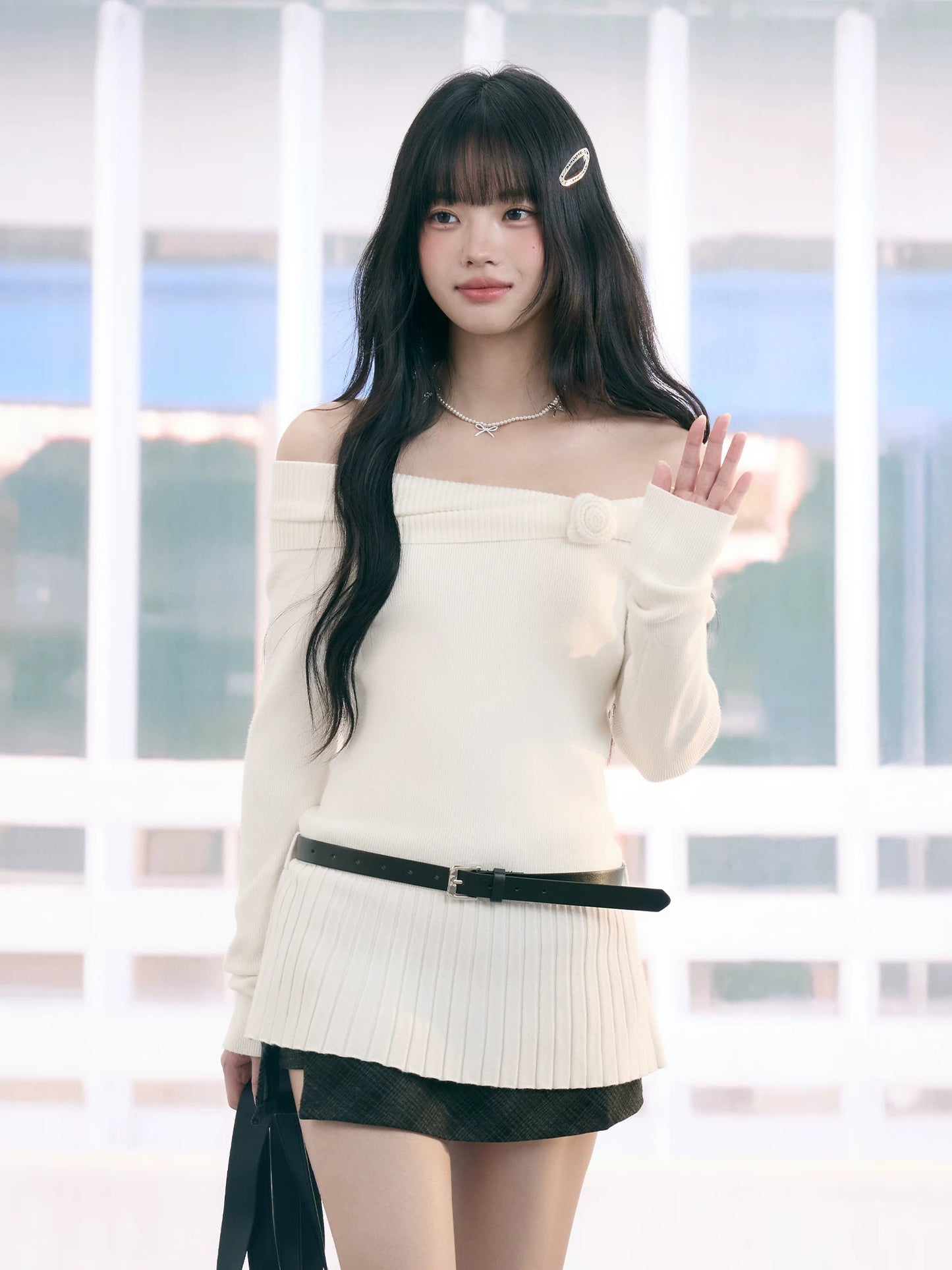"Bloom Arrival" White Off-Shoulder Knit Top