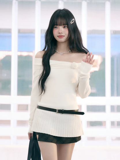 "Bloom Arrival" White Off-Shoulder Knit Top