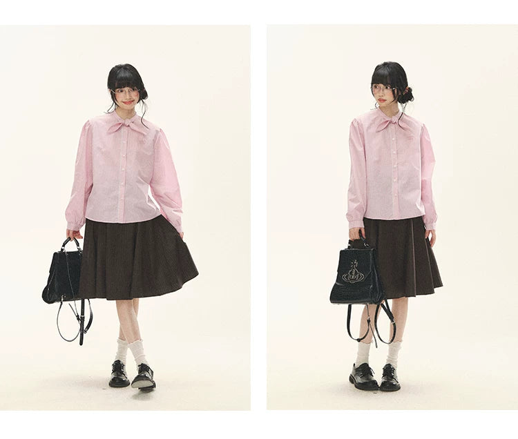 "Blush Poetry" Pink Stripe Cotton Bow Blouse