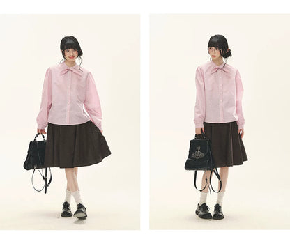 "Blush Poetry" Pink Stripe Cotton Bow Blouse