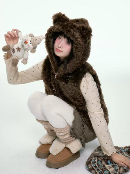 BIBIBENCY - Brown Faux Fur Hooded Vest with Toggle Closures