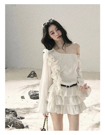 "Petals of Early Summer" Mist White Ruffle One-Shoulder Cake Dress (With Belt) 58648