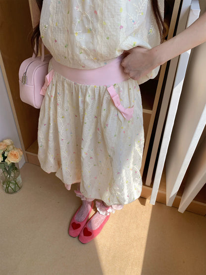 “Peach Cream Brioche” Cream Apricot Floral Bubble Skirt Set