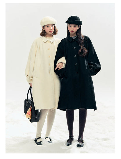 "Black & White Waltz" Hand-Stitched Wool-Blend Swing Coat (Ivory/ Black)