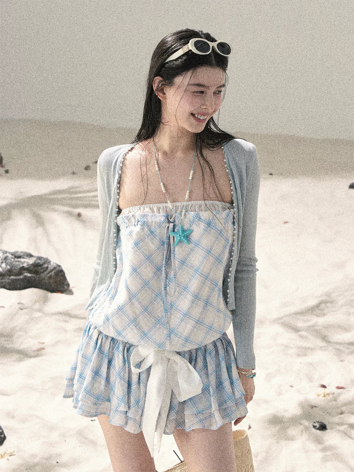 "Breeze Upon the Waves" Ice Crystal Blue Off-Shoulder Diamond Quilted Mini Dress