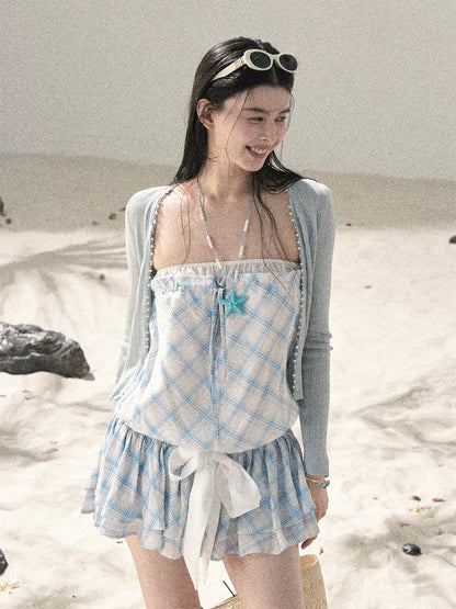 "Breeze Upon the Waves" Ice Crystal Blue Off-Shoulder Diamond Quilted Mini Dress