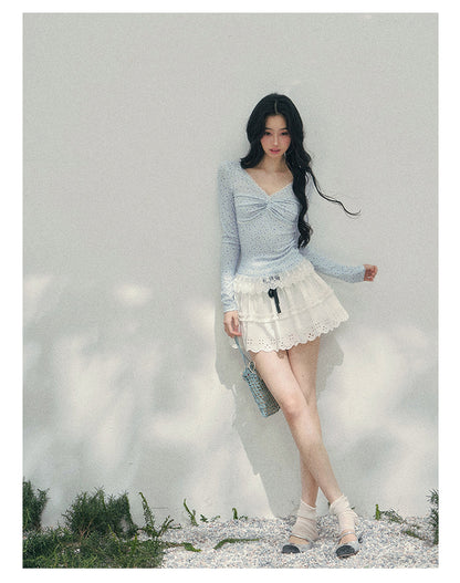 少也眼 "Heartbeat Pause" Baby Blue Back Lace Cut-Out Top 53685634