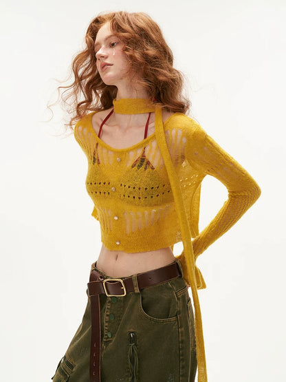 MAMC - Wide-Neck Cutout Cropped Knit Cardigan (Black / Yellow / Beige / Plaid Bra)