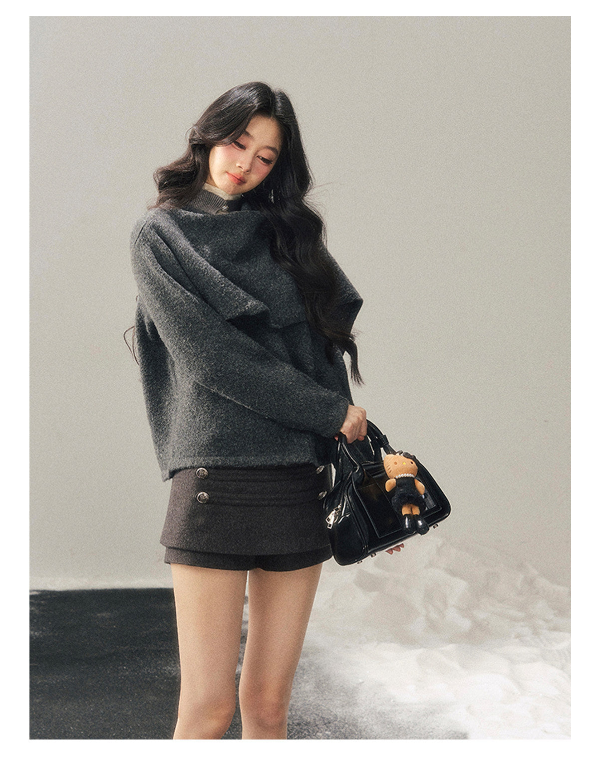 少也眼 "When Clarity Falls" Dusk Gray Layered Shawl Knit Sweater