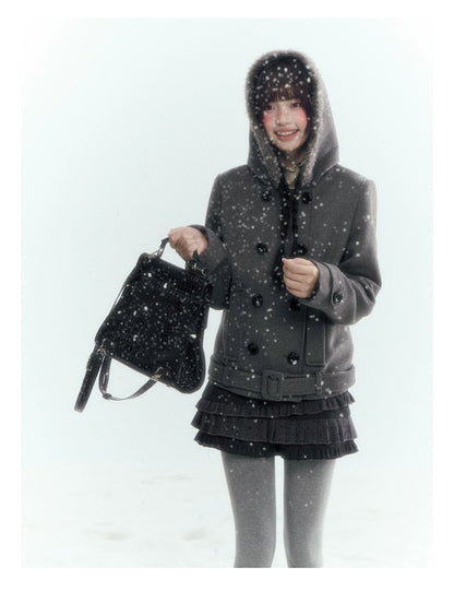 Horridale - Dark Gray Double-Breasted Hooded Wool Blend Coat