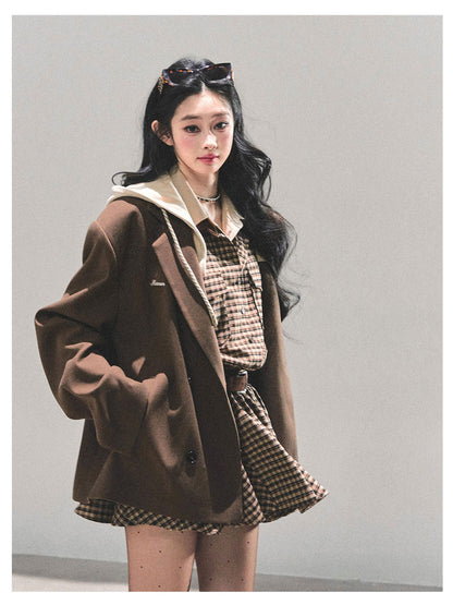 少也眼 "Minimal Silhouette" Hooded Blazer - Coffee Brown