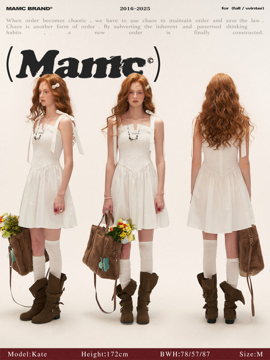 French Bow Tie Strap Smocked Dress WE852 (Classic White)