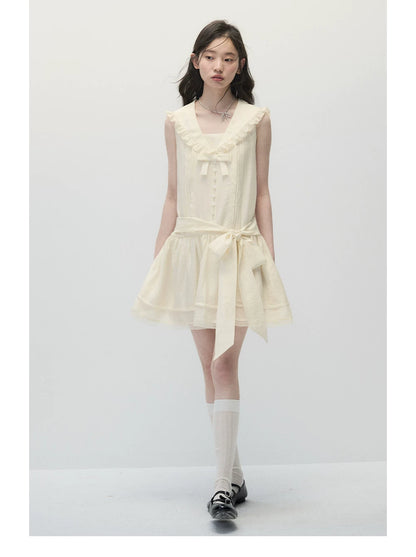 Ivory Beige Low-Rise Sailor Collar Dress with Adjustable Bow Ties