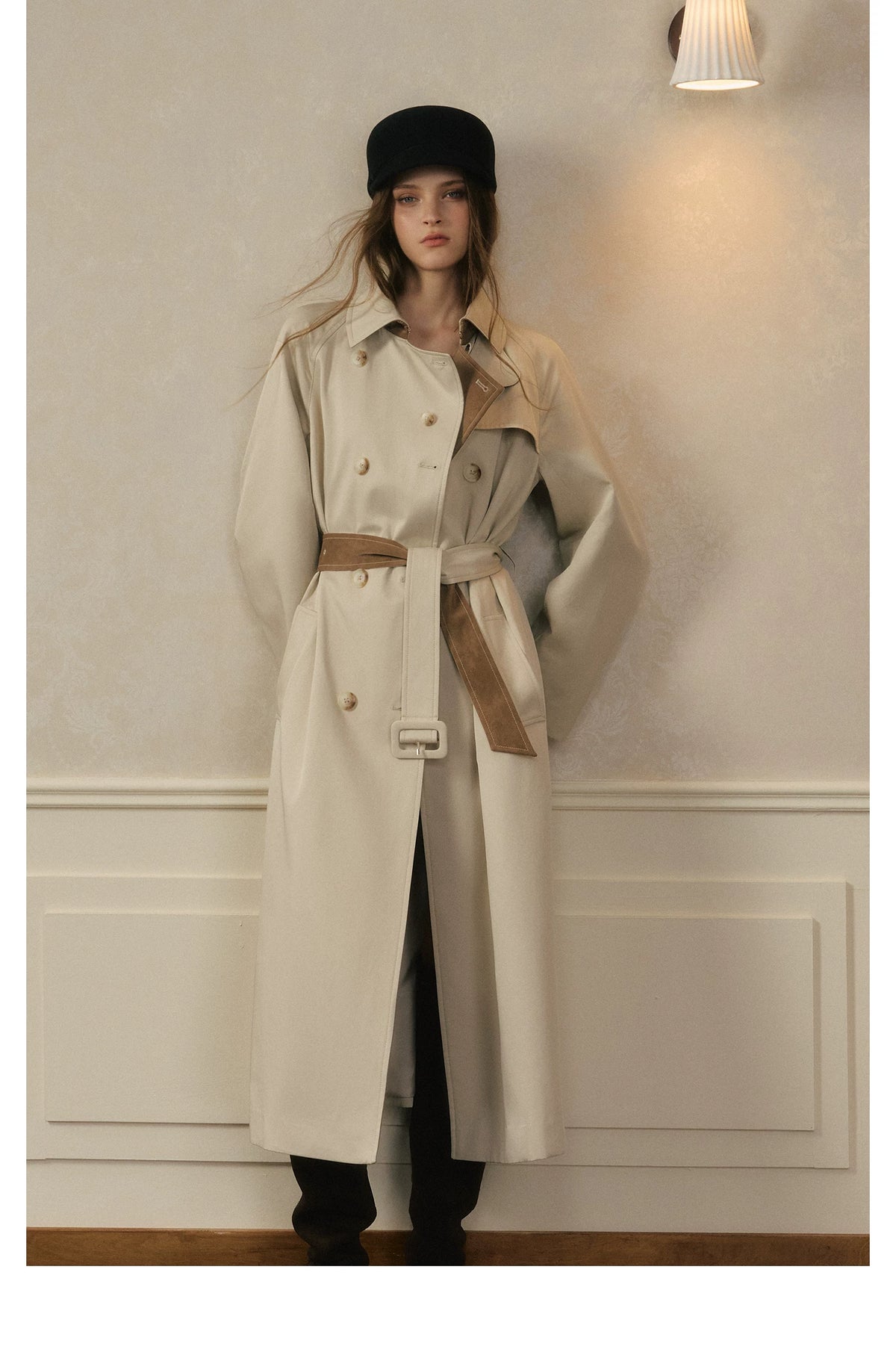 oshea - Moonlight Gray Double-Breasted Belted Long Trench Coat
