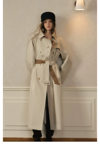 oshea - Moonlight Gray Double-Breasted Belted Long Trench Coat