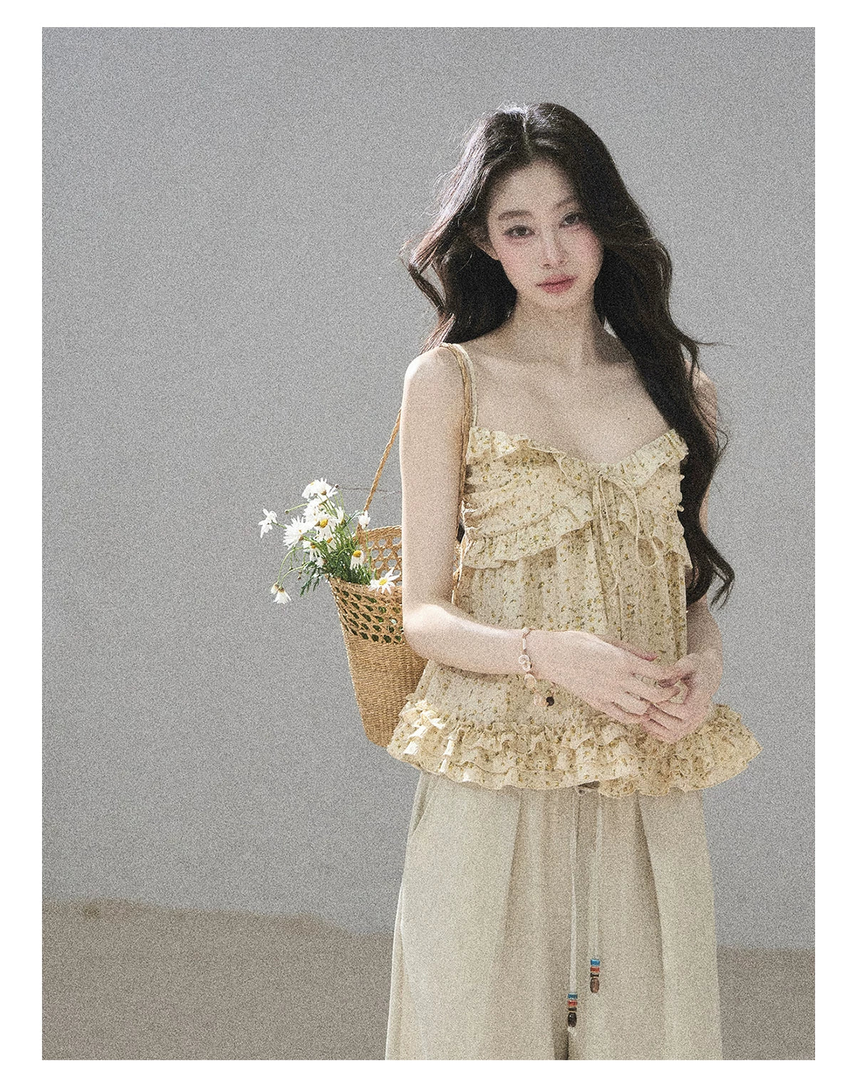 "Her Little Daisy" Milkshake Yellow Floral Ruffle Cami Top