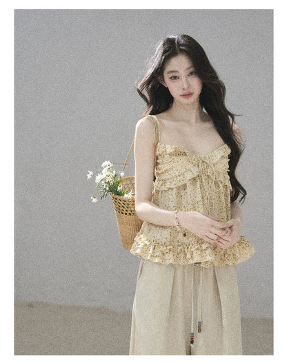 "Her Little Daisy" Milkshake Yellow Floral Ruffle Cami Top