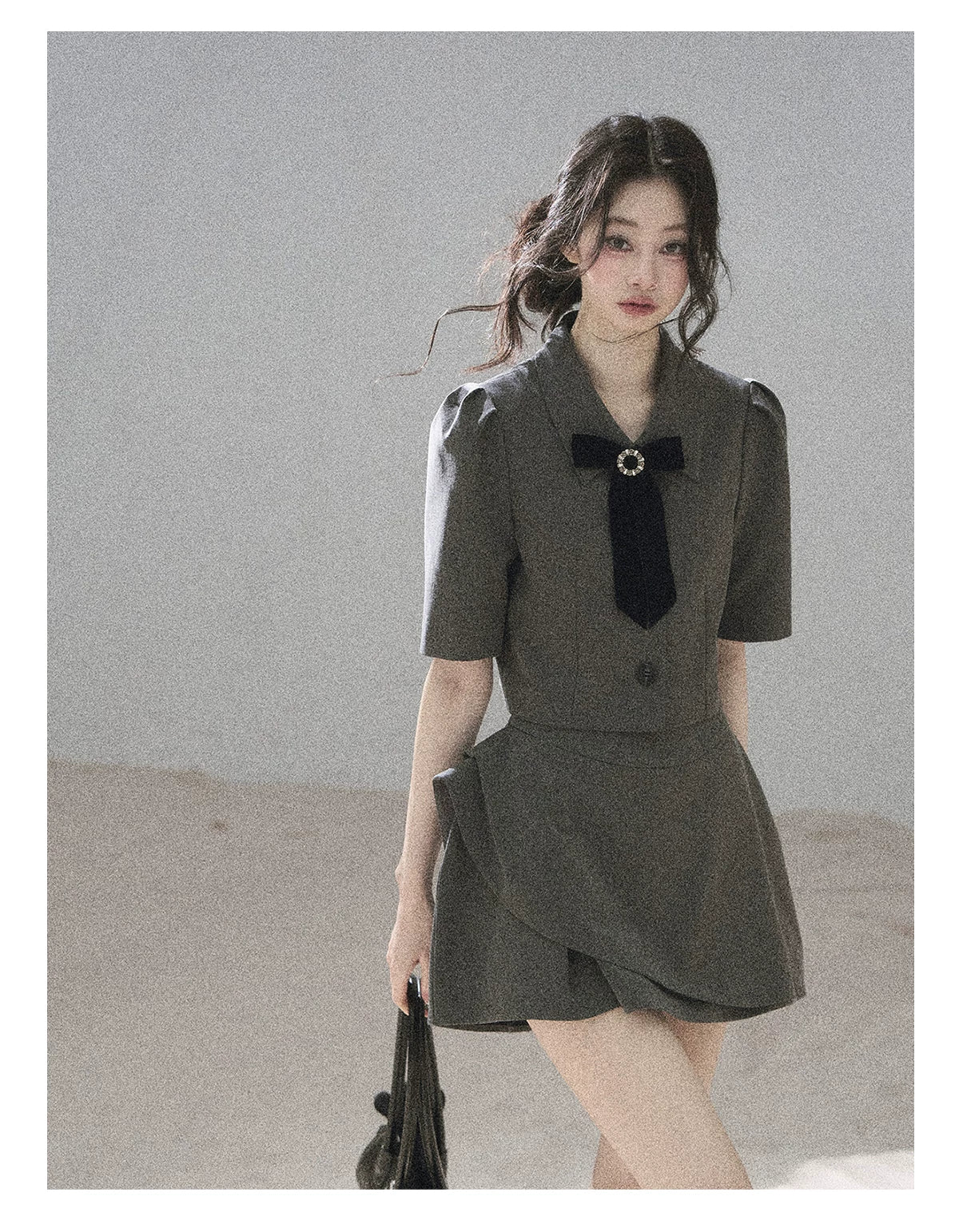 "Paris Afternoon" Slate Gray Bow Top & A-Line Mini Skirt Two-Piece Set