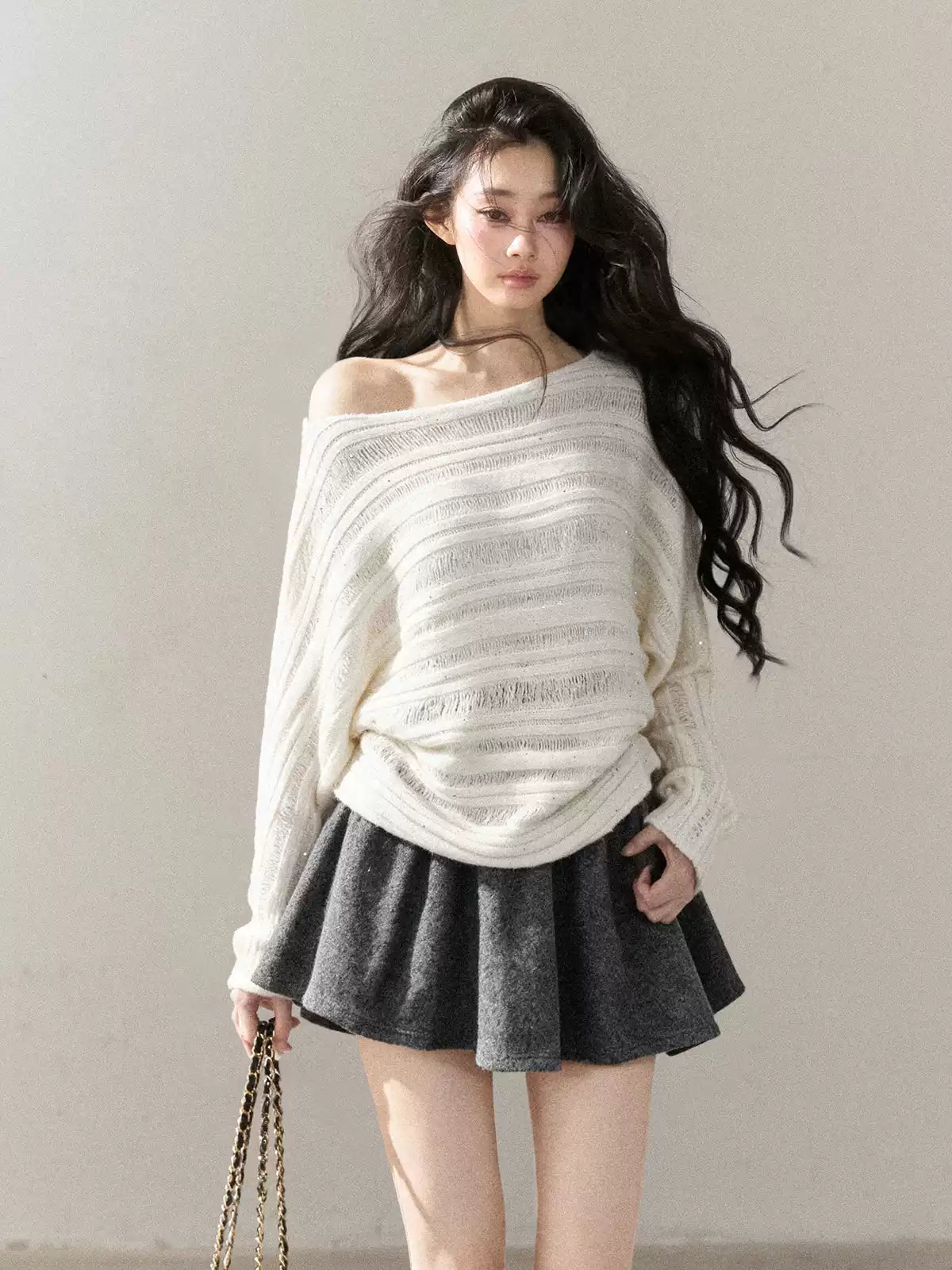 AOMALM - "Apricot Dusk" Off-Shoulder Batwing Sweater – Milky White