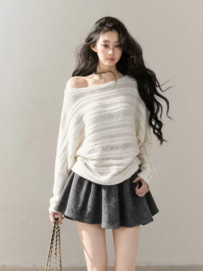 AOMALM - "Apricot Dusk" Off-Shoulder Batwing Sweater – Milky White