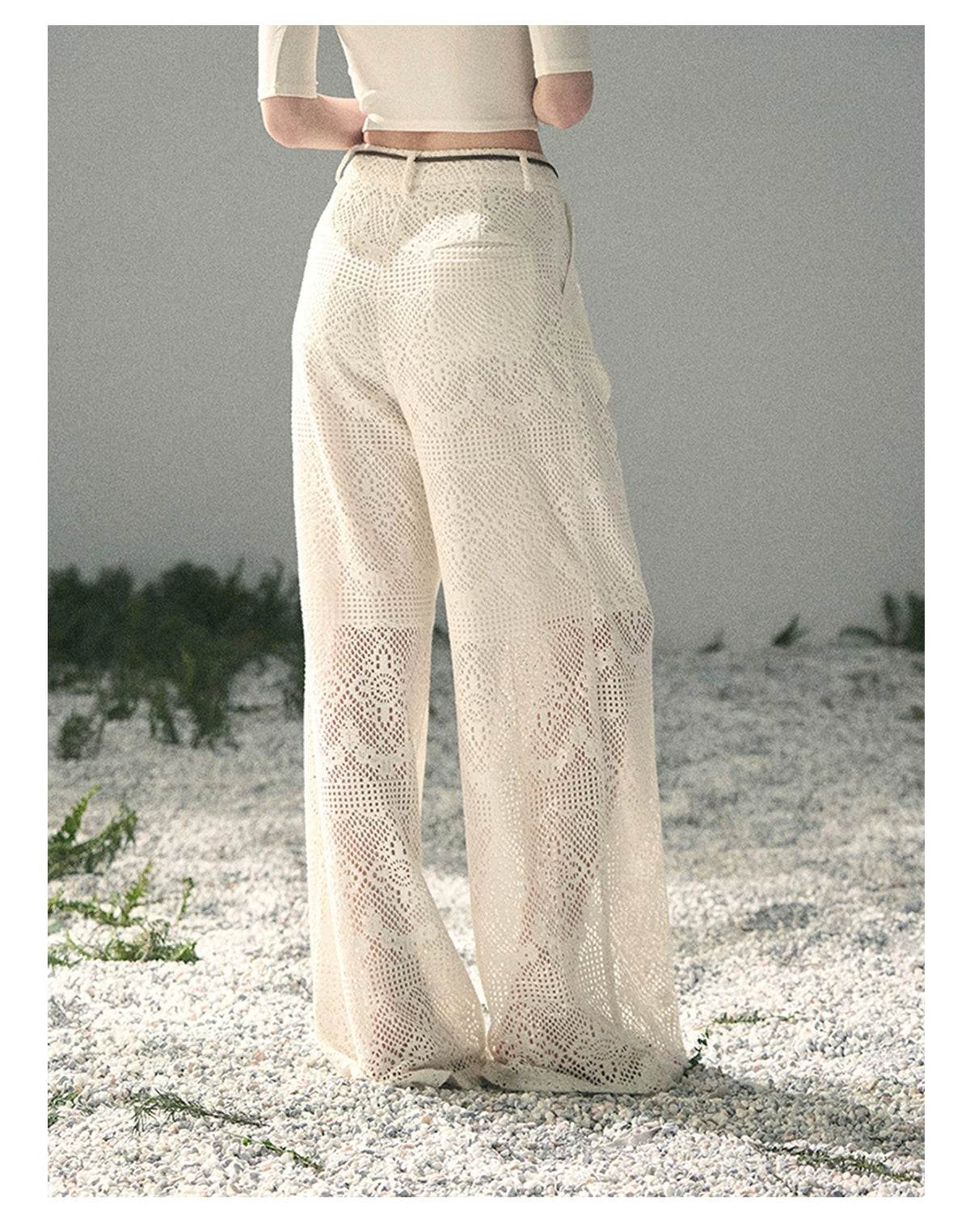“Wandering Here” Milk Apricot Openwork Wide-Leg Pants