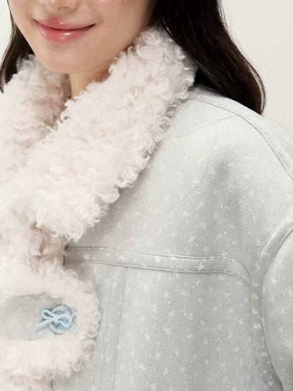 RF - Mist Blue Bow Print Suede-Look Jacket with Cream Curly Faux Fur Trim