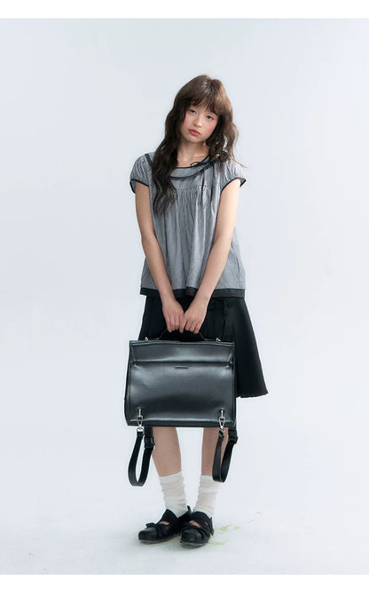 "Black Toast" Black Stripe Asymmetrical Collar Babydoll Blouse