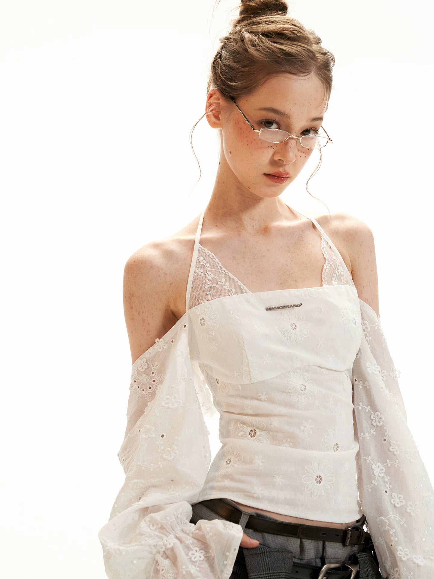 White Off-Shoulder Embroidered Halter Blouse WE994