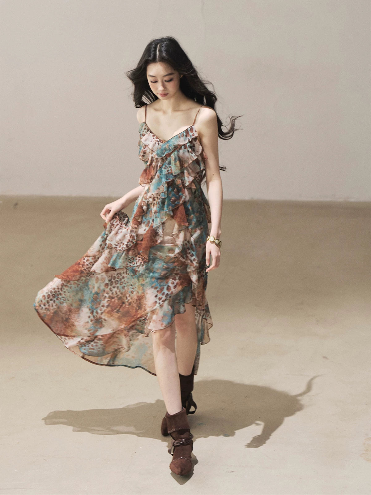 "She Never Looks Back" Peacock Blue Leopard Chiffon Maxi Dress