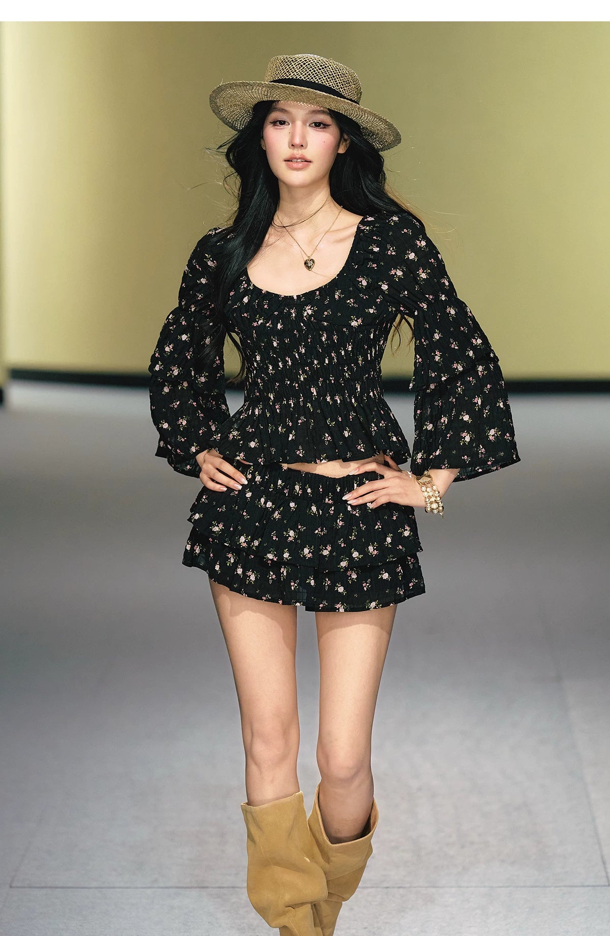 "Midnight Tea Garden" Black Floral Ruffle Blouse & Tiered Mini Skirt Set